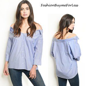 Embroidered Off Shoulder Straps Striped Poplin Top